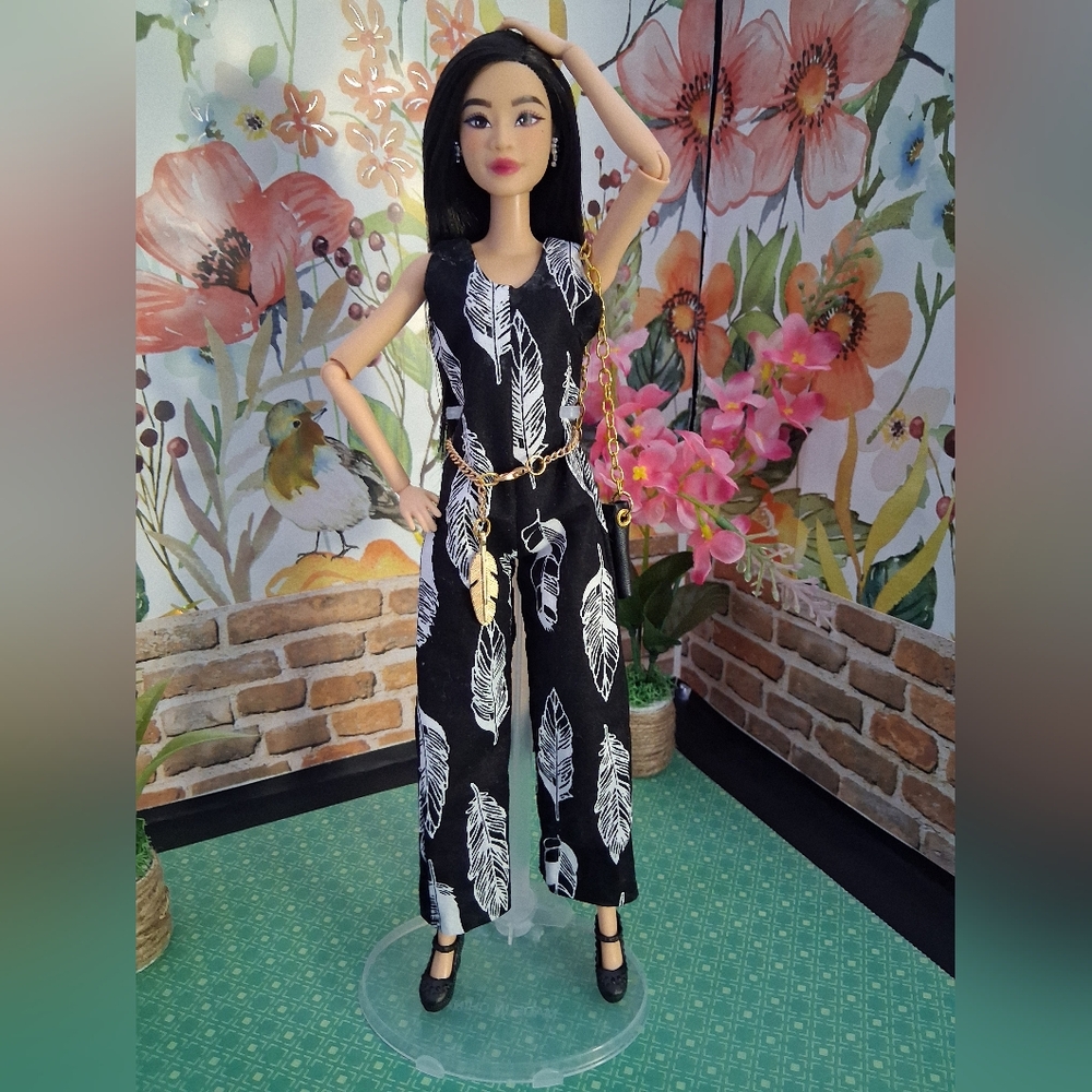 11.5 Inch Doll Black Feather Print Jumpsuit